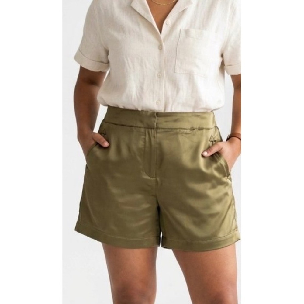 Two 2 Fly Olive Green Satin High Waisted Shorts Side Zip Pockets Size Medium